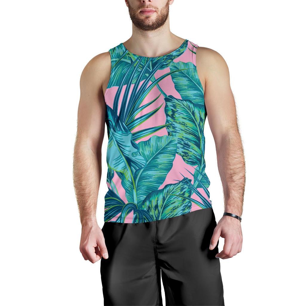 Pink Teal Tropical Leaf Pattern Print Men's Tank Top