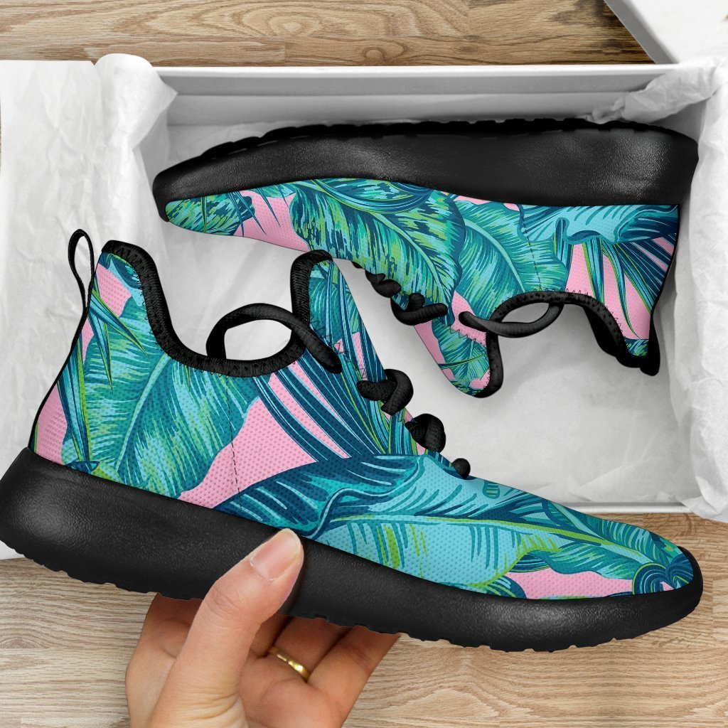 Pink Teal Tropical Leaf Pattern Print Mesh Knit Shoes