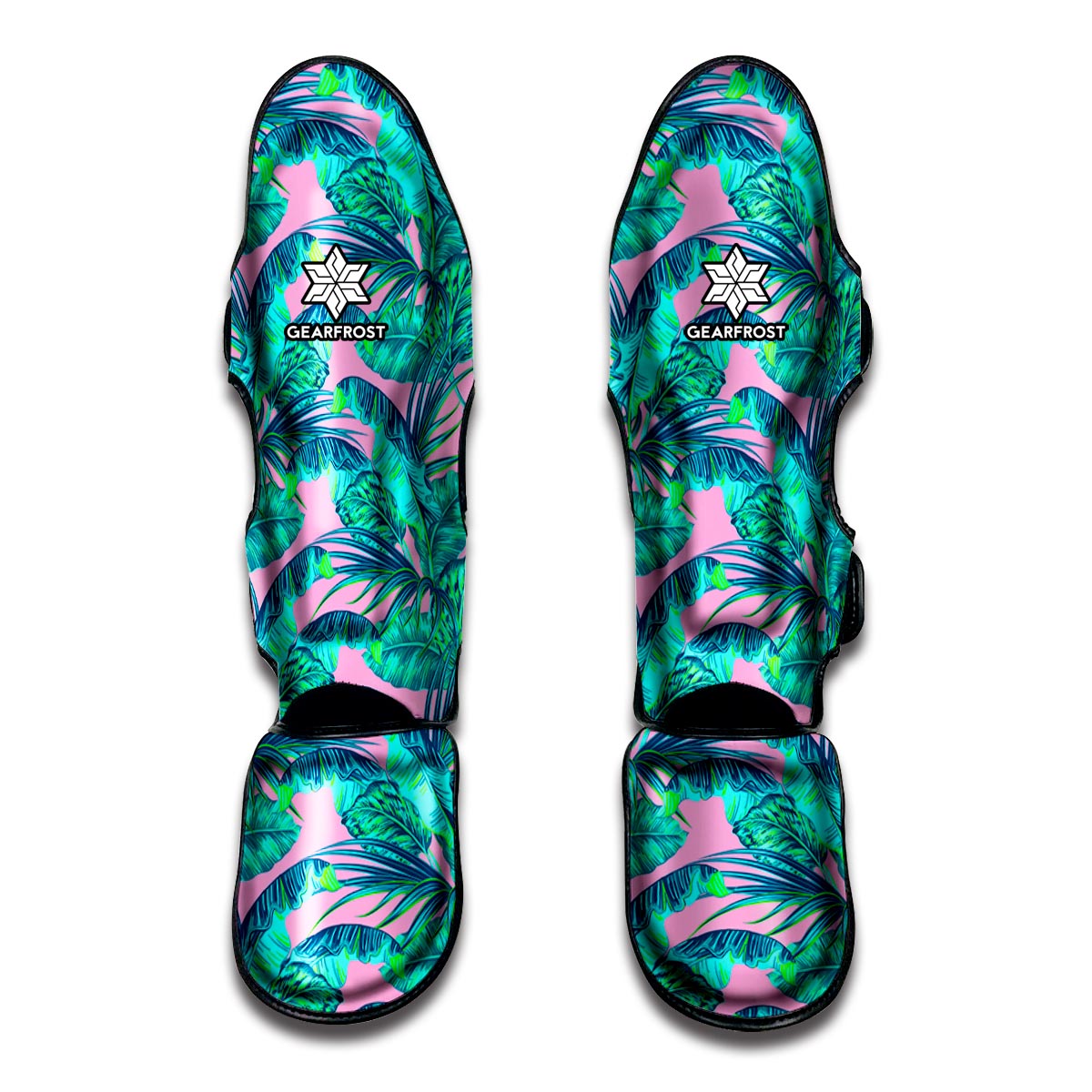 Pink Teal Tropical Leaf Pattern Print Muay Thai Shin Guards