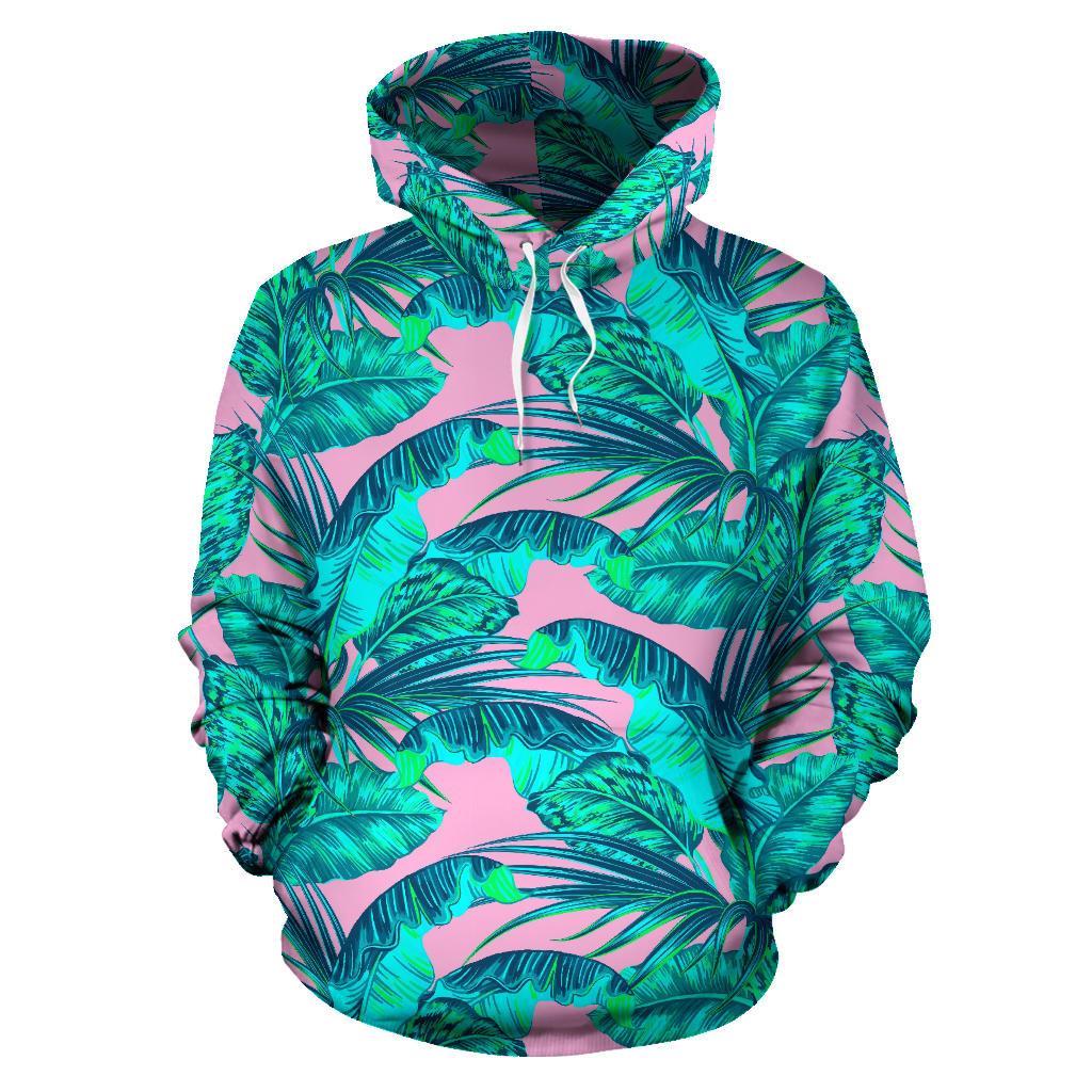 Pink Teal Tropical Leaf Pattern Print Pullover Hoodie