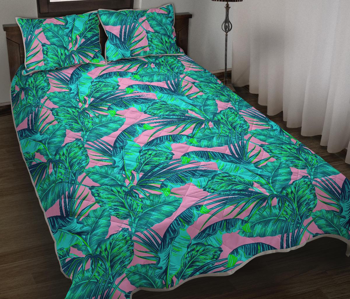 Pink Teal Tropical Leaf Pattern Print Quilt Bed Set