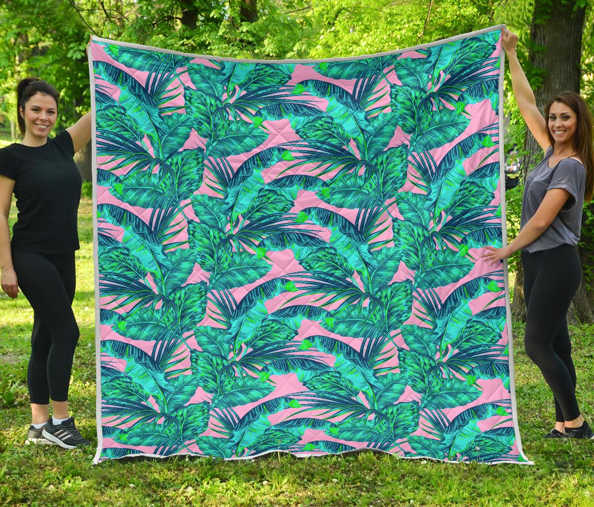 Pink Teal Tropical Leaf Pattern Print Quilt