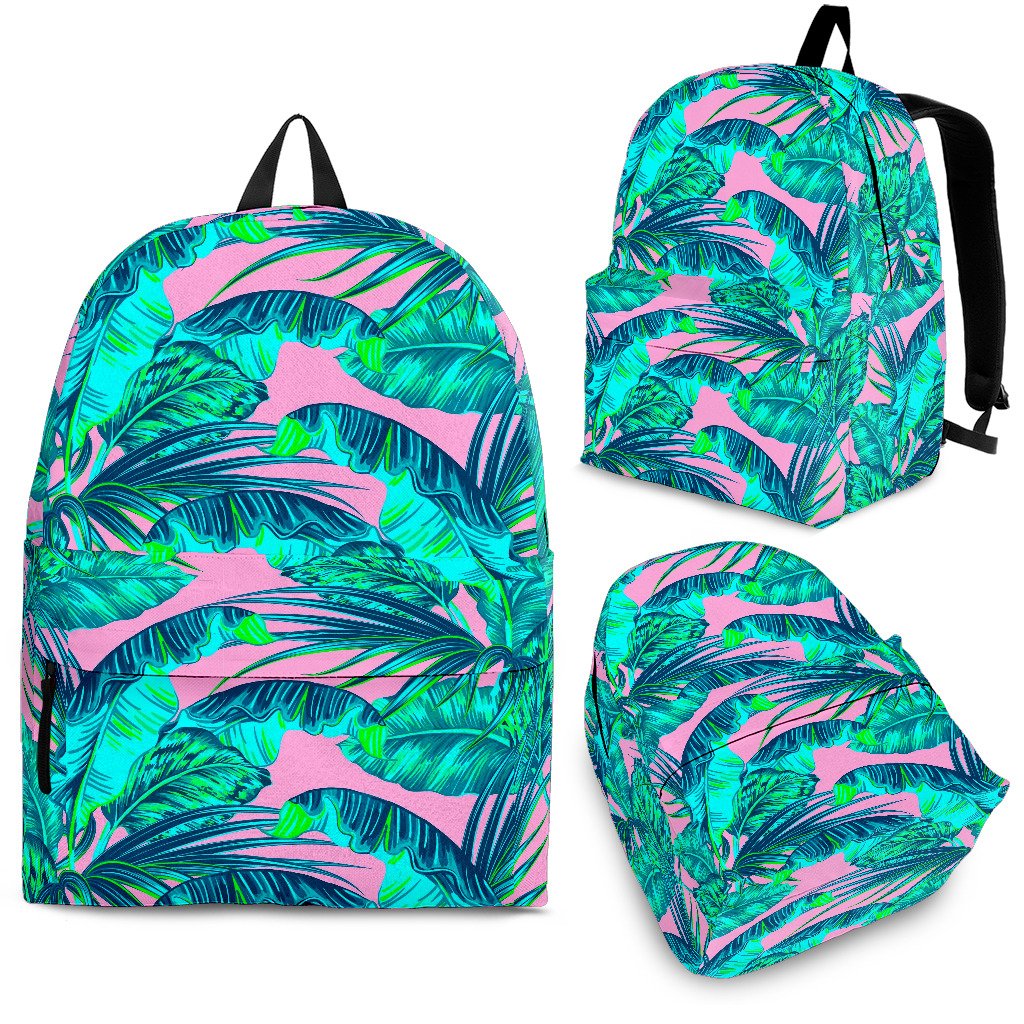 Pink Teal Tropical Leaf Pattern Print School Backpack