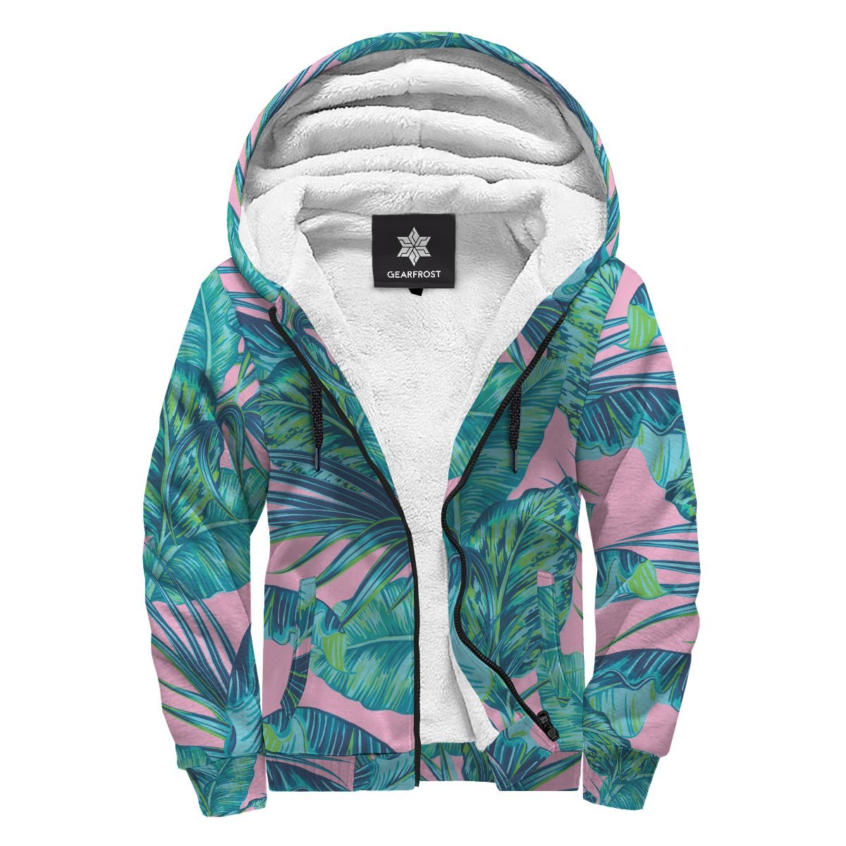 Pink Teal Tropical Leaf Pattern Print Sherpa Lined Fleece Hoodie