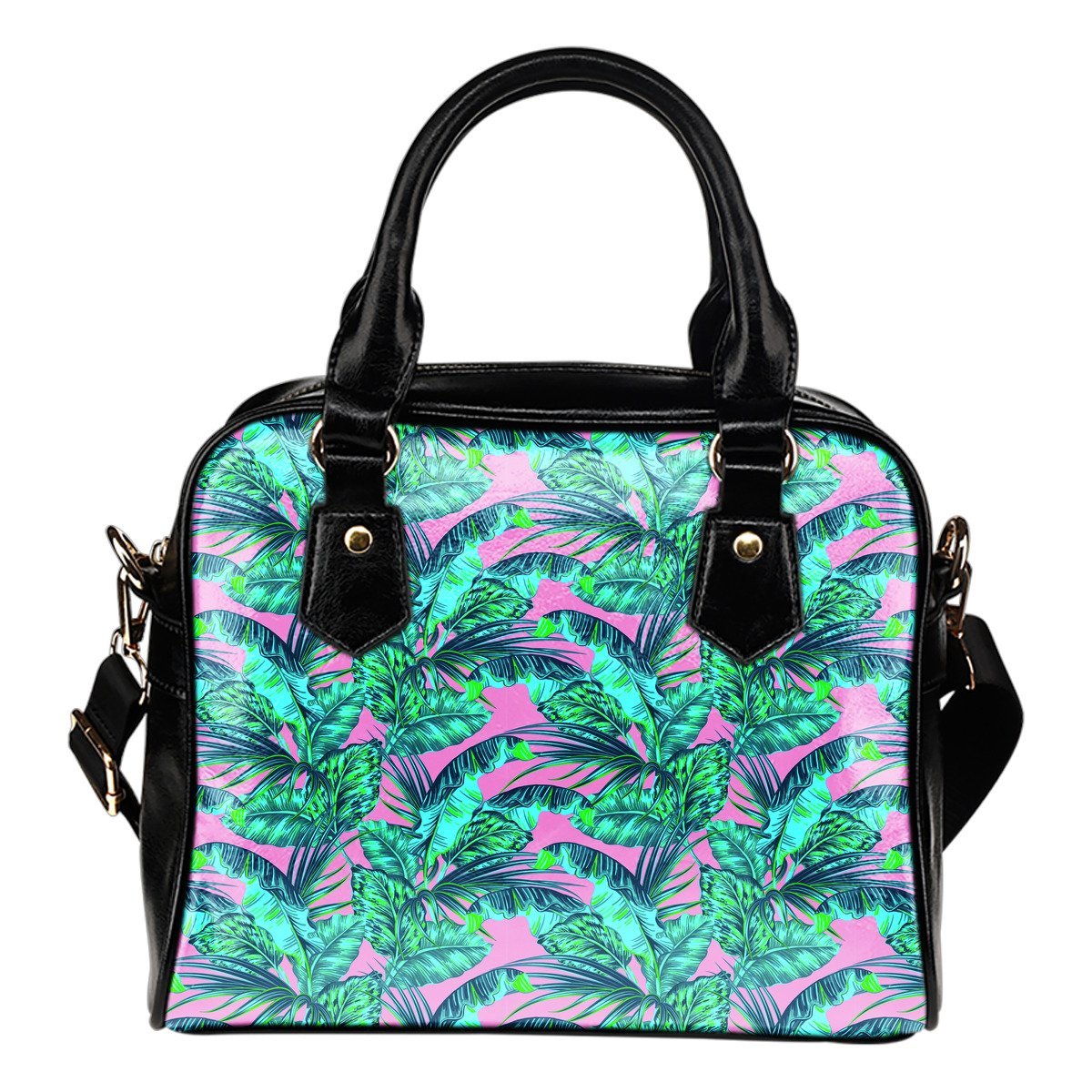 Pink Teal Tropical Leaf Pattern Print Shoulder Handbag