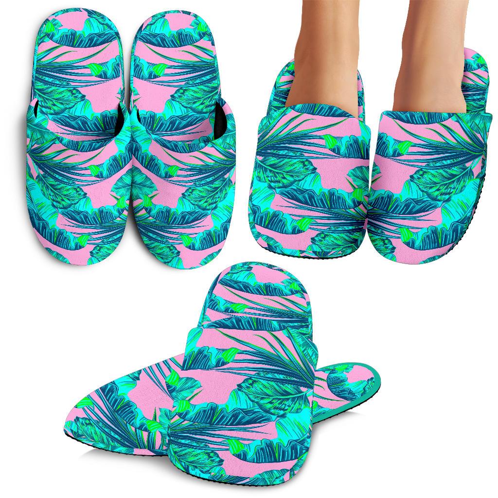 Pink Teal Tropical Leaf Pattern Print Slippers