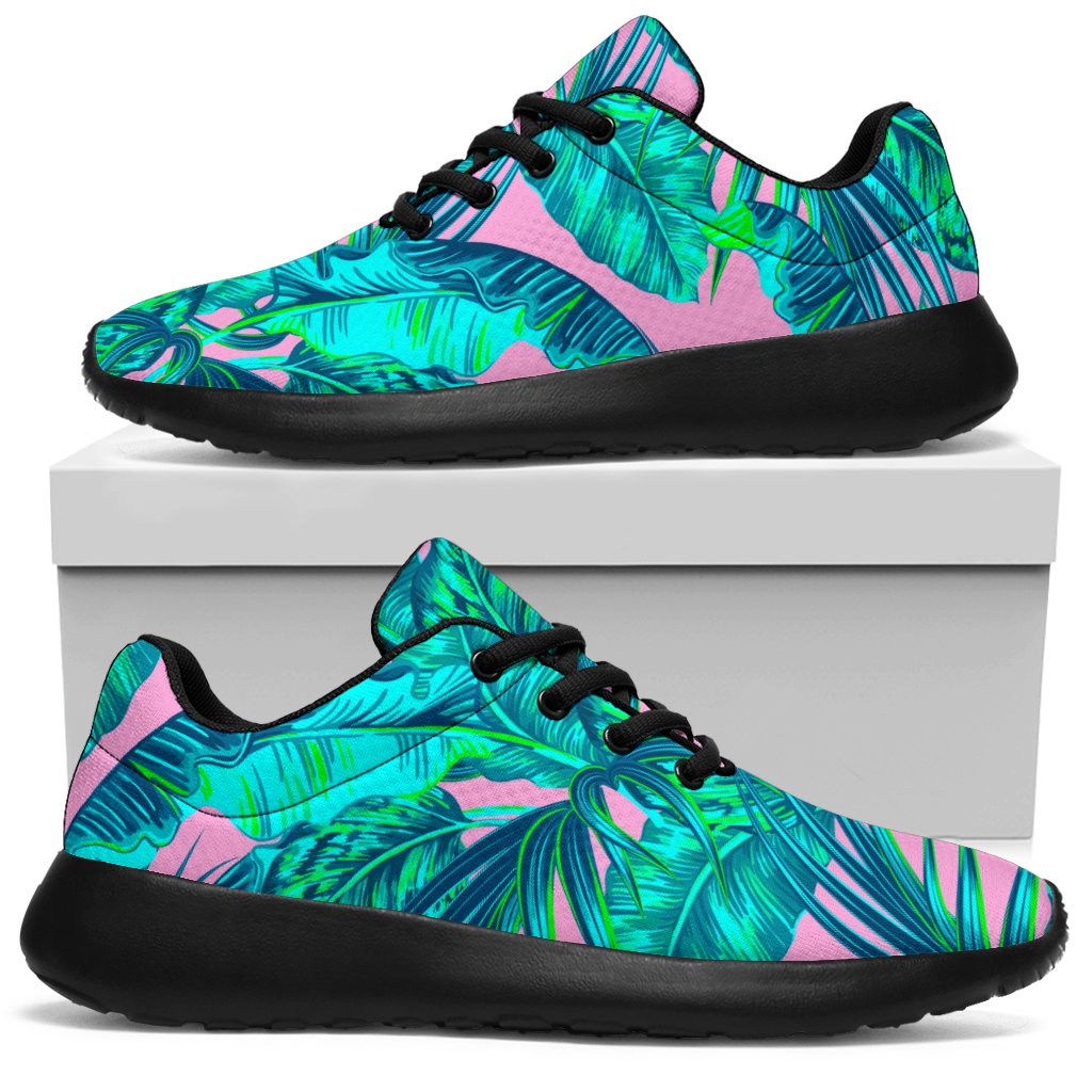 Pink Teal Tropical Leaf Pattern Print Sport Sneakers