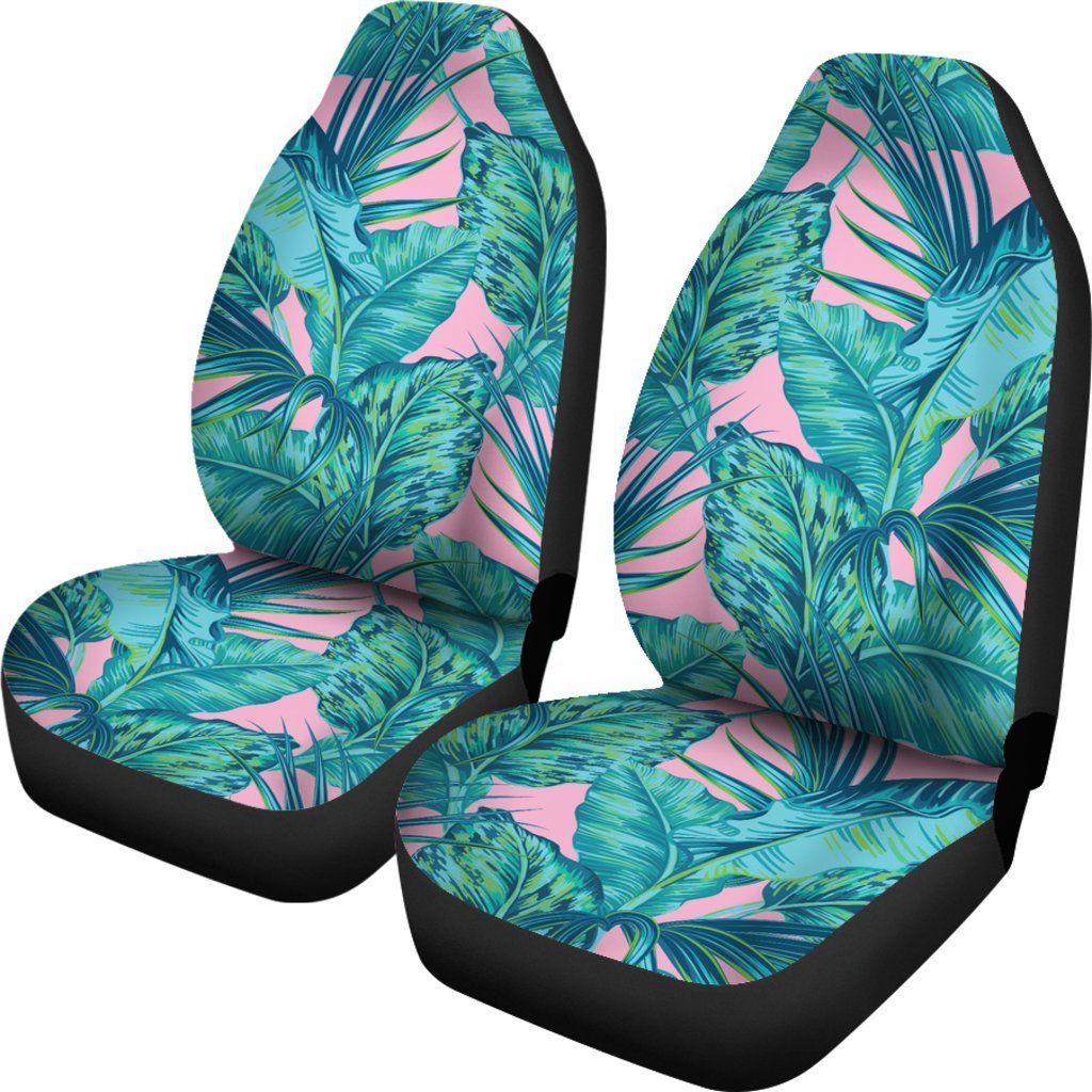 Pink Teal Tropical Leaf Pattern Print Universal Fit Car Seat Covers