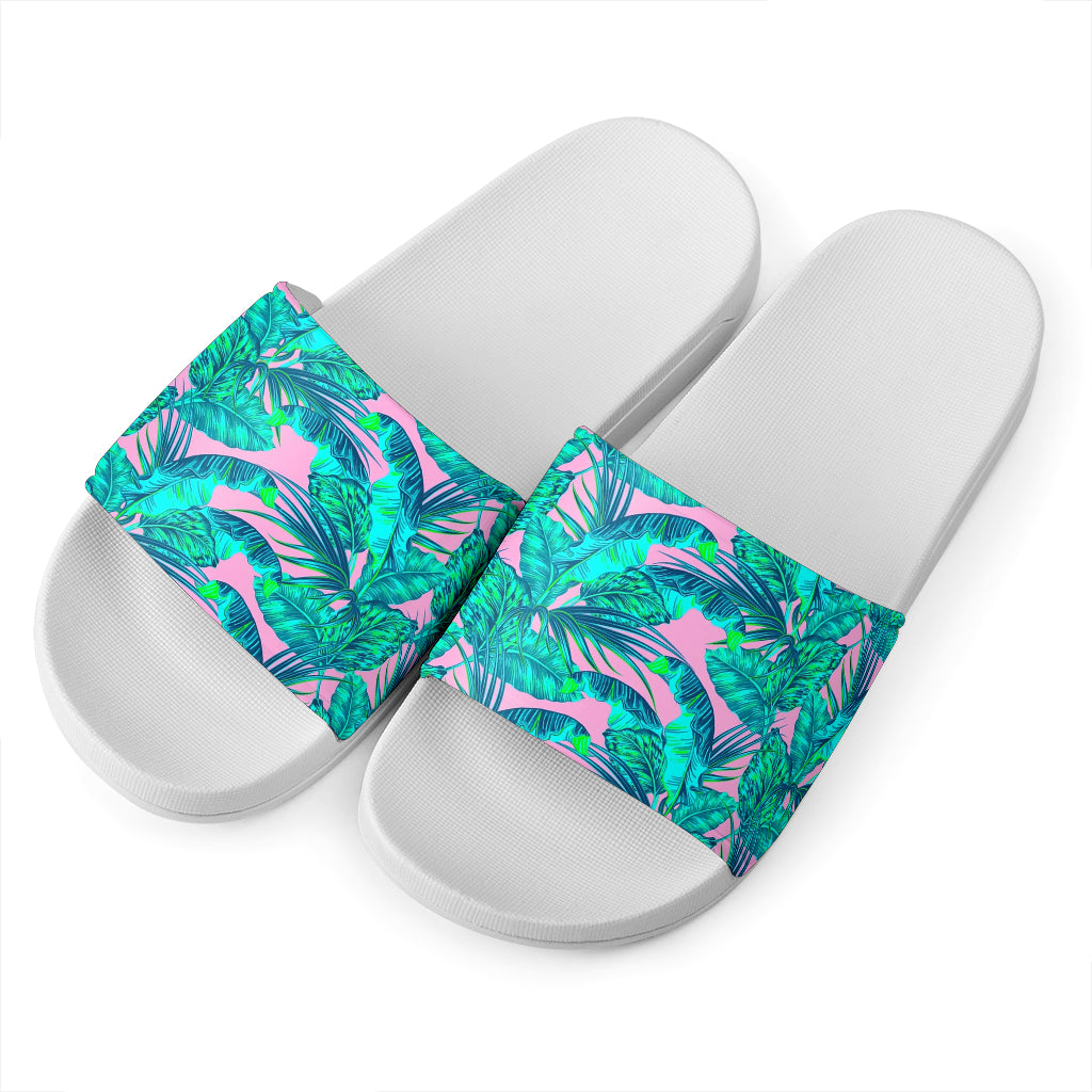 Pink Teal Tropical Leaf Pattern Print White Slide Sandals