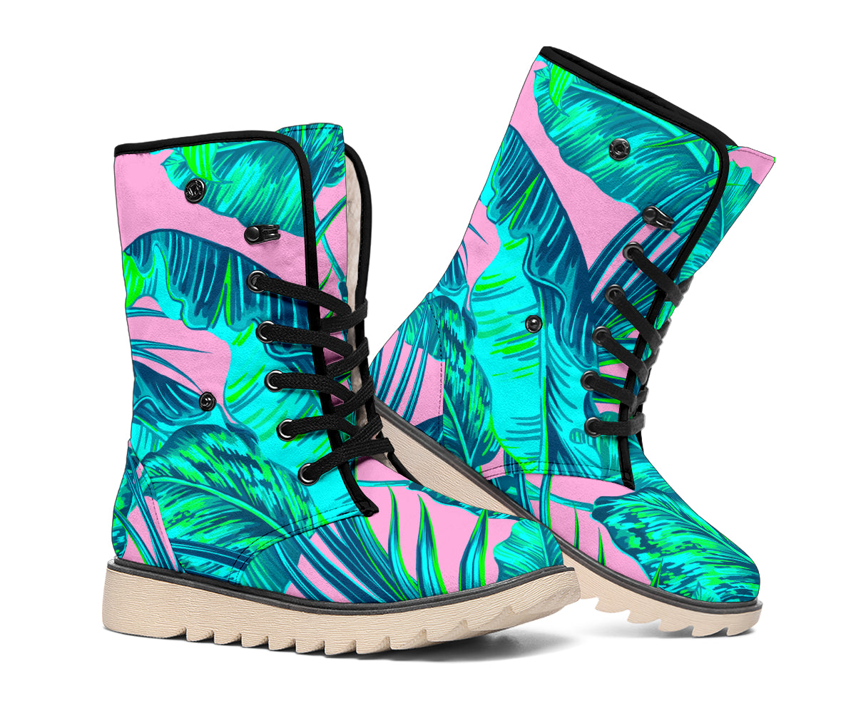 Pink Teal Tropical Leaf Pattern Print Winter Boots