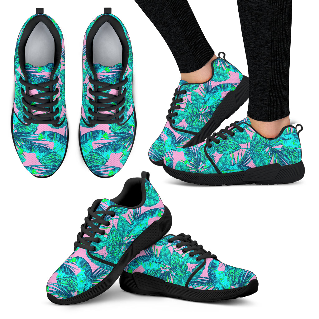 Pink Teal Tropical Leaf Pattern Print Women's Athletic Shoes