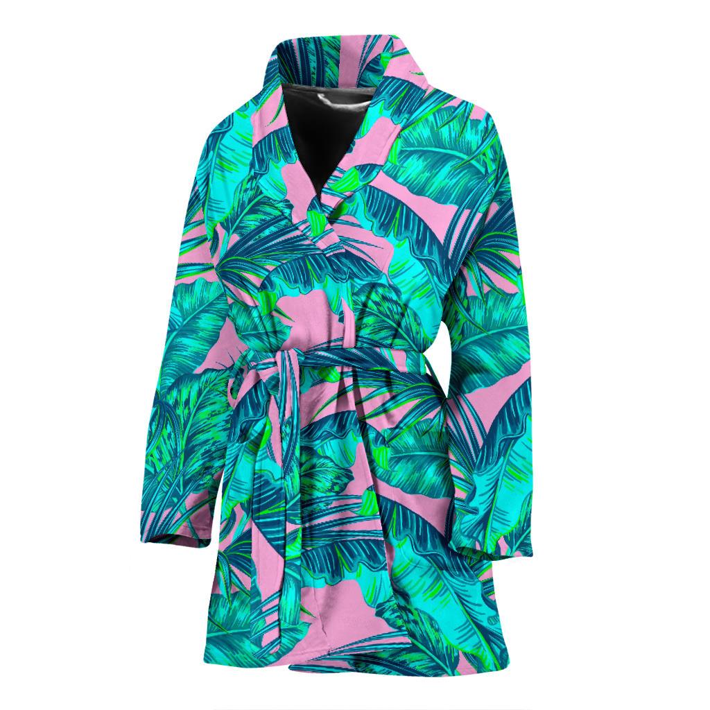 Pink Teal Tropical Leaf Pattern Print Women's Bathrobe