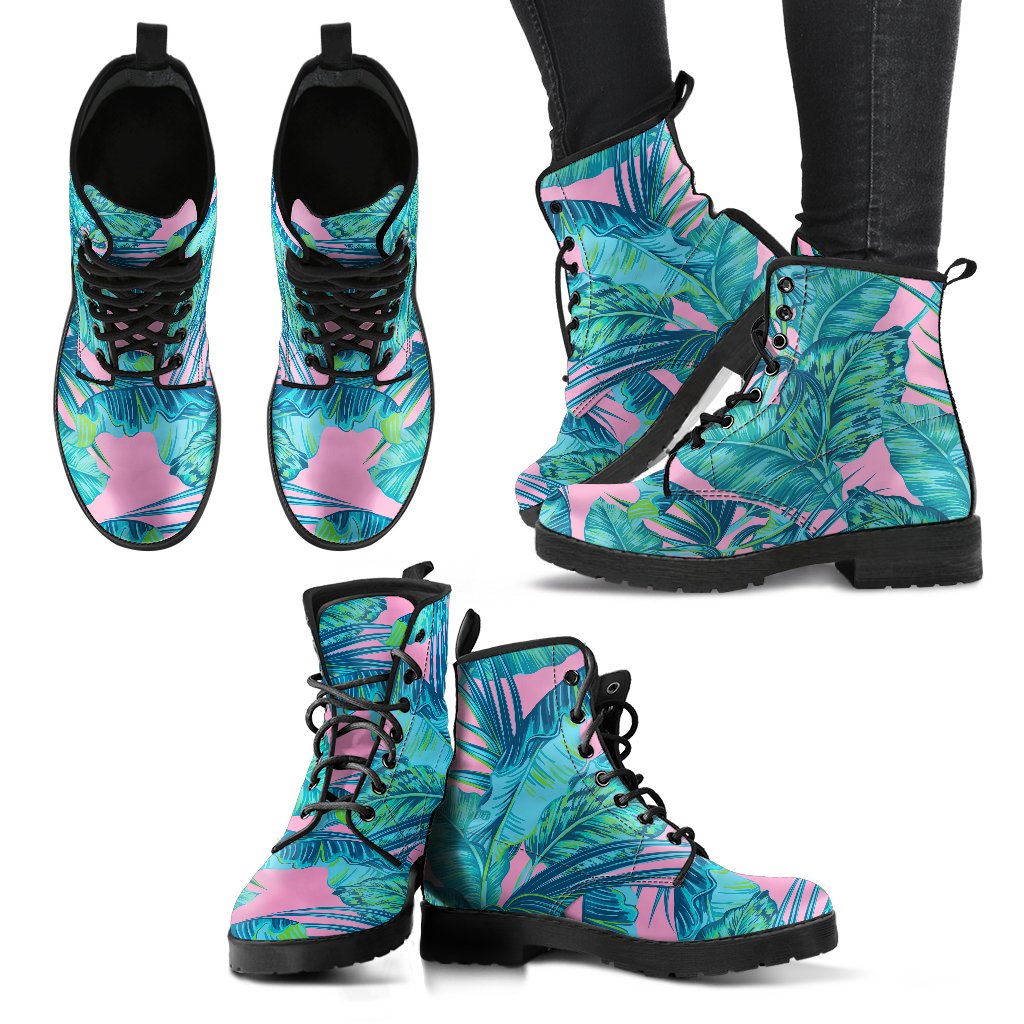 Pink Teal Tropical Leaf Pattern Print Women's Boots