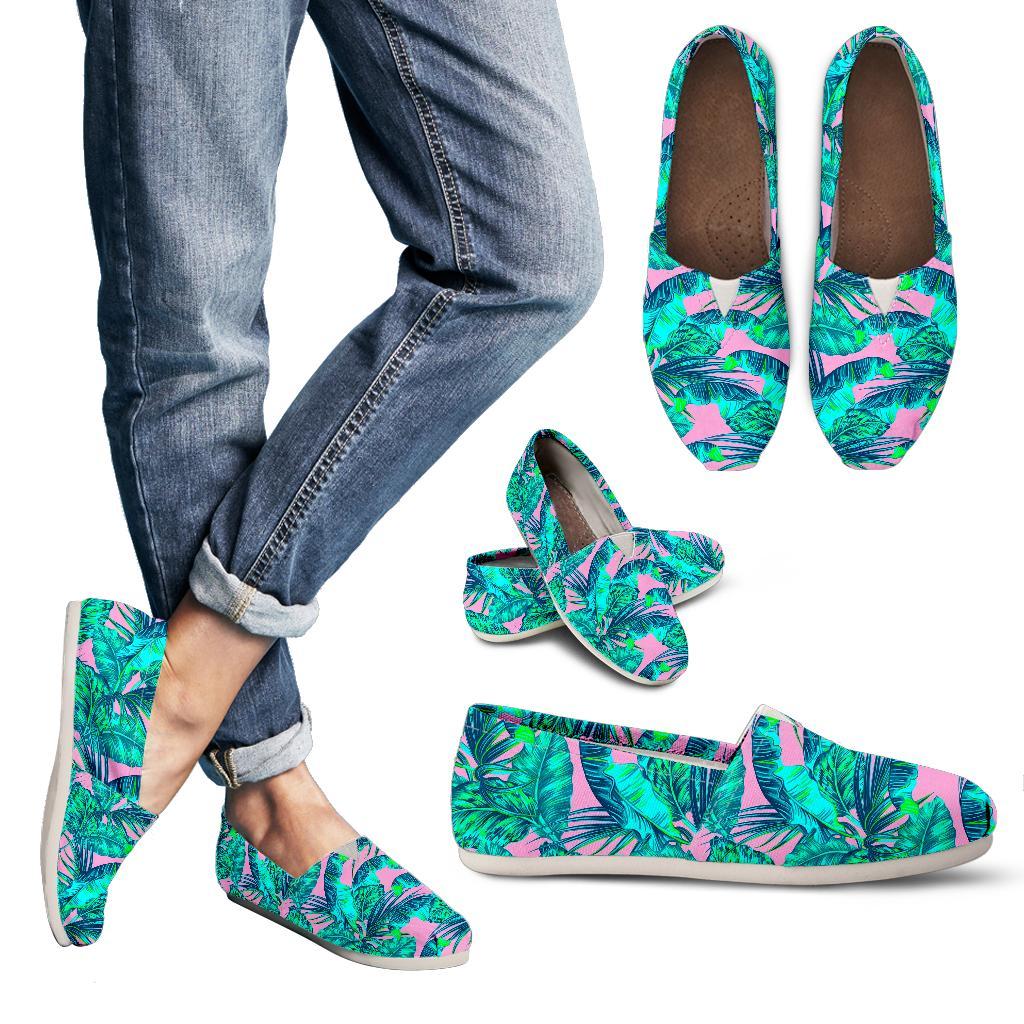 Pink Teal Tropical Leaf Pattern Print Women's Casual Canvas Shoes