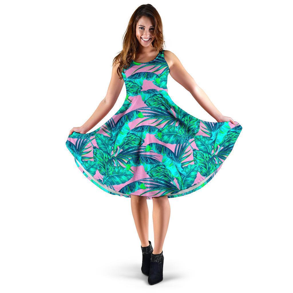 Pink Teal Tropical Leaf Pattern Print Women's Dress