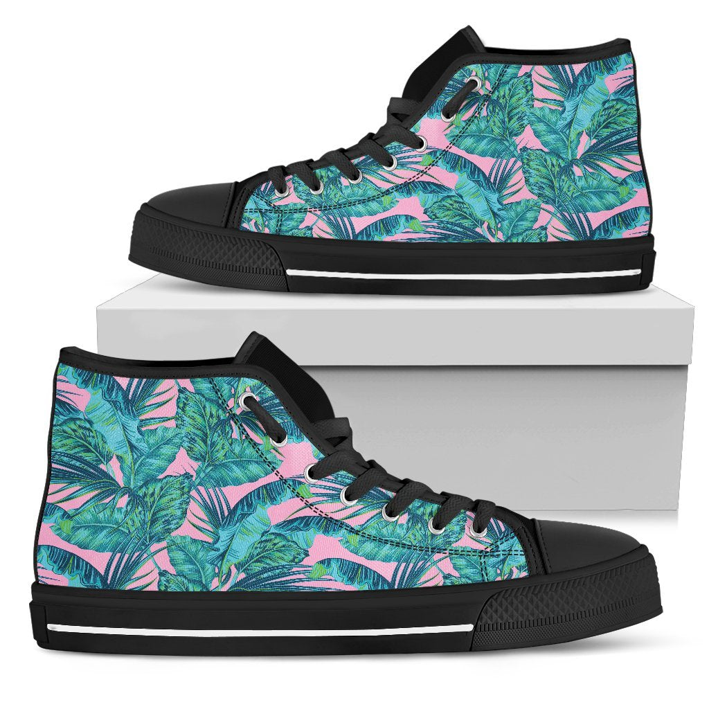 Pink Teal Tropical Leaf Pattern Print Women's High Top Shoes