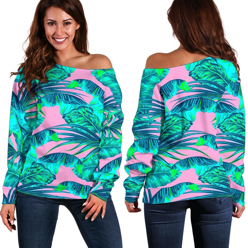 Pink Teal Tropical Leaf Pattern Print Women's Off-Shoulder Sweatshirt