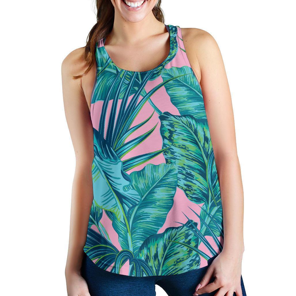 Pink Teal Tropical Leaf Pattern Print Women's Racerback Tank Top