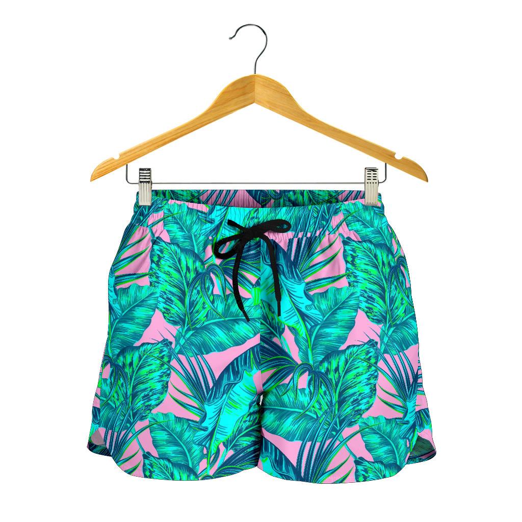 Pink Teal Tropical Leaf Pattern Print Women's Shorts