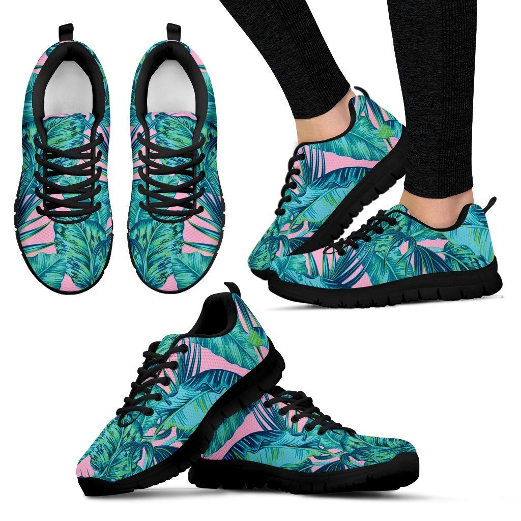 Pink Teal Tropical Leaf Pattern Print Women's Sneakers