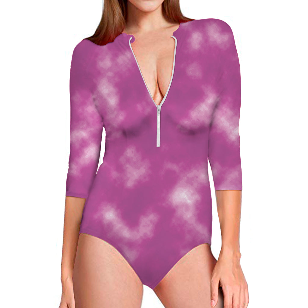 Pink Tie Dye Print Long Sleeve One Piece Swimsuit