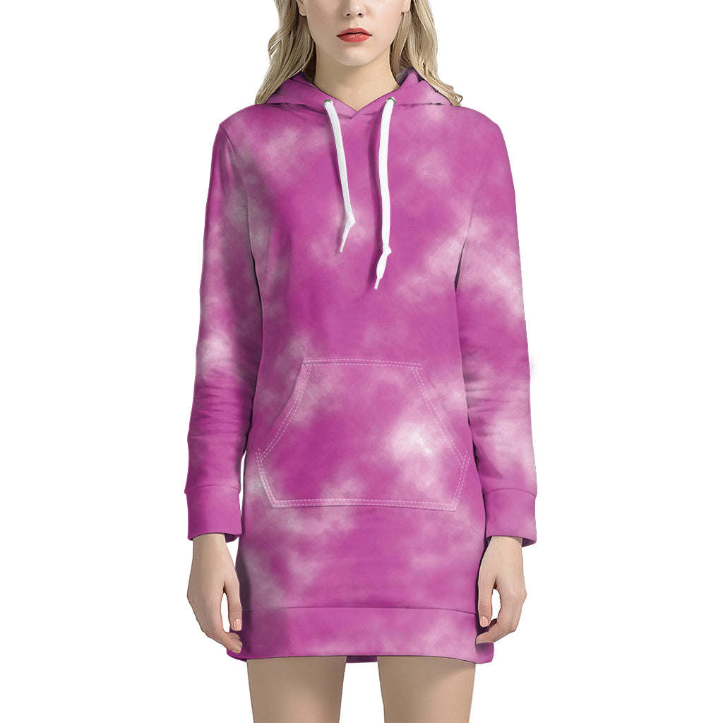 Pink Tie Dye Print Women's Pullover Hoodie Dress