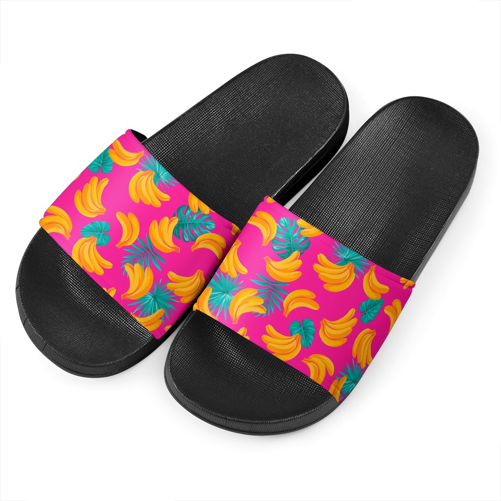 Pink Tropical Banana Pattern Print Black Slide Sandals