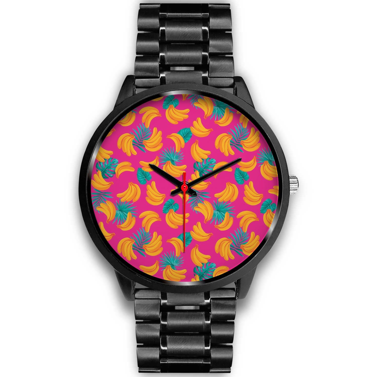 Pink Tropical Banana Pattern Print Black Watch