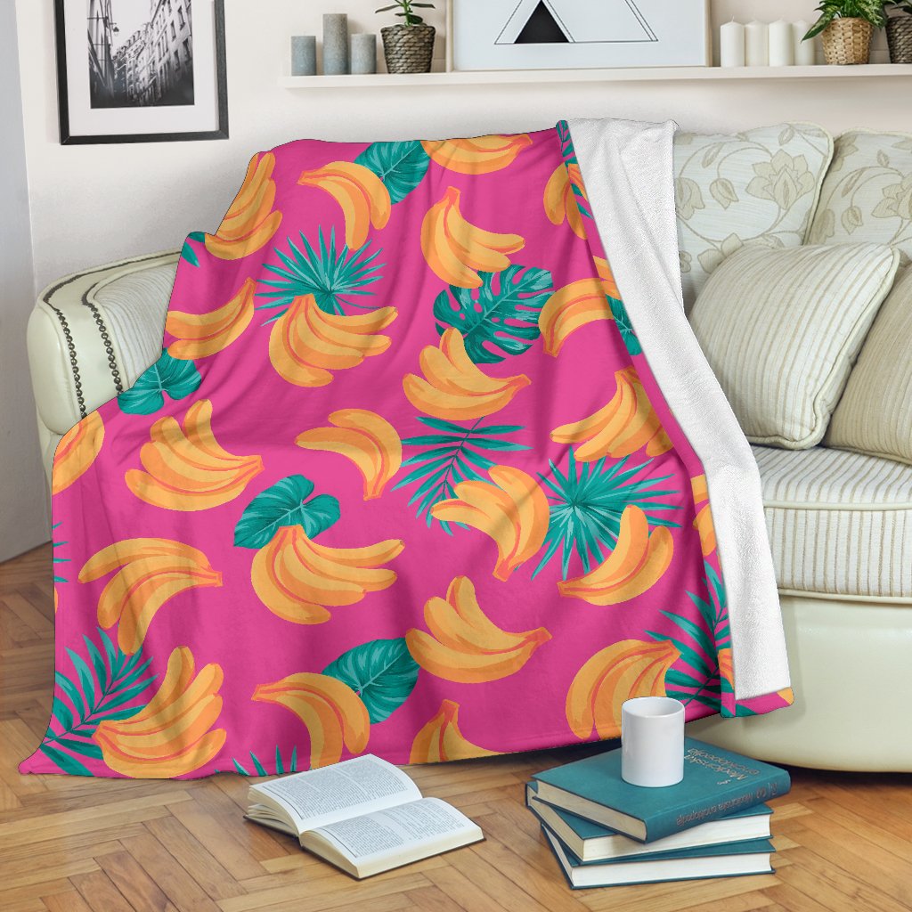 Pink Tropical Banana Pattern Print Blanket