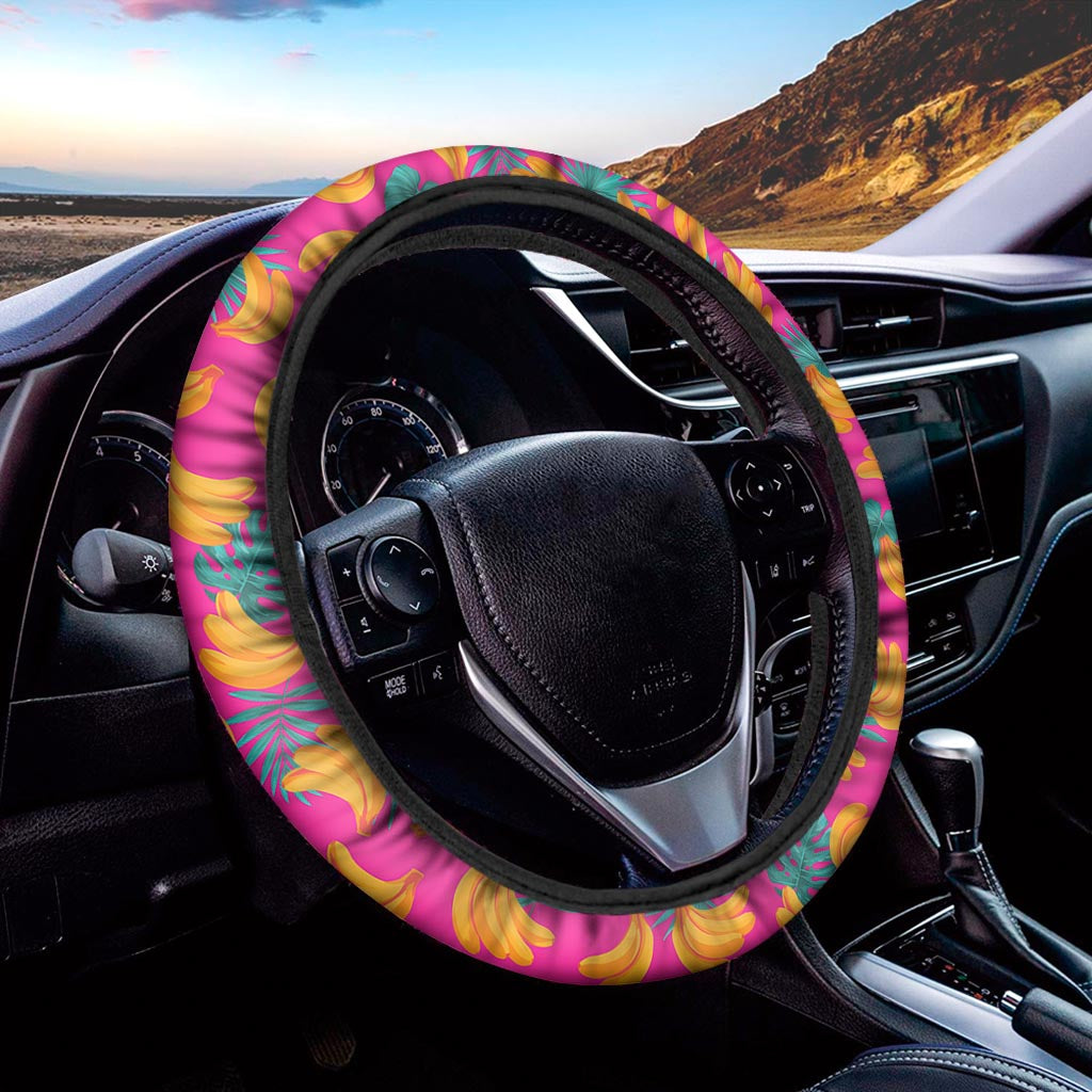 Pink Tropical Banana Pattern Print Car Steering Wheel Cover