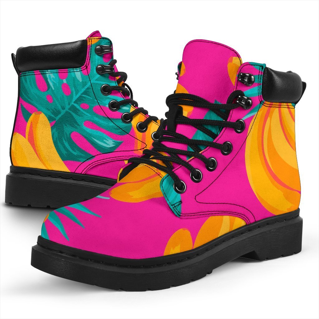 Pink Tropical Banana Pattern Print Classic Boots