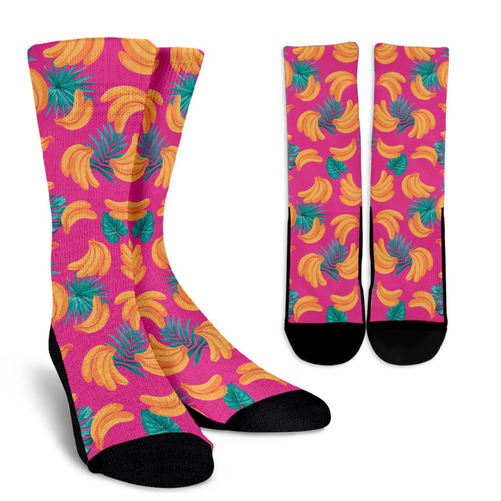 Pink Tropical Banana Pattern Print Crew Socks