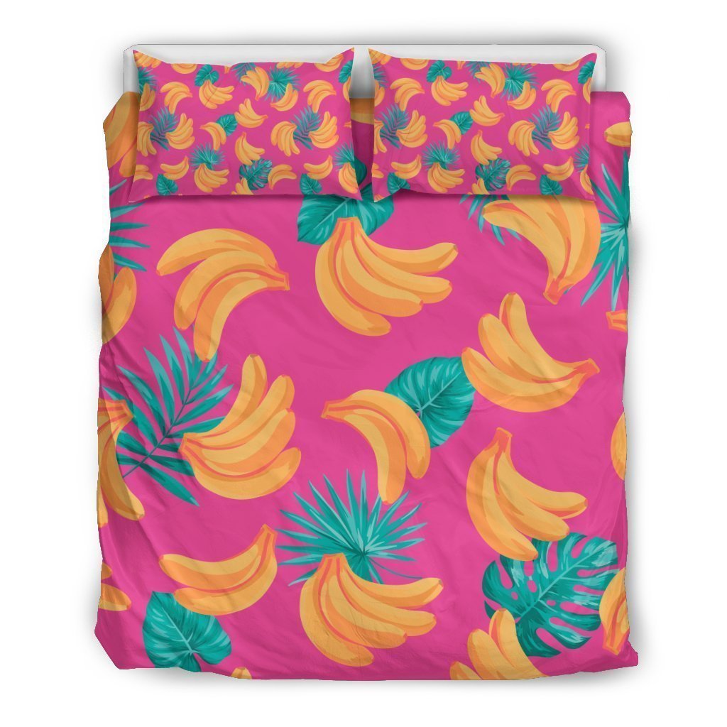 Pink Tropical Banana Pattern Print Duvet Cover Bedding Set