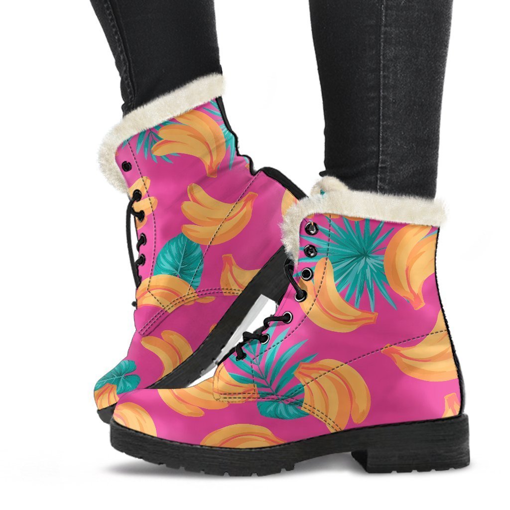 Pink Tropical Banana Pattern Print Faux Fur Leather Boots