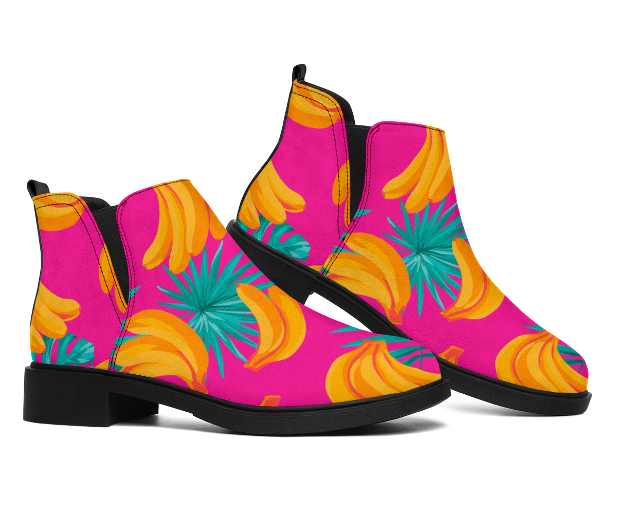 Pink Tropical Banana Pattern Print Flat Ankle Boots