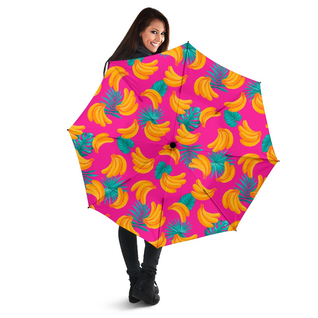 Pink Tropical Banana Pattern Print Foldable Umbrella