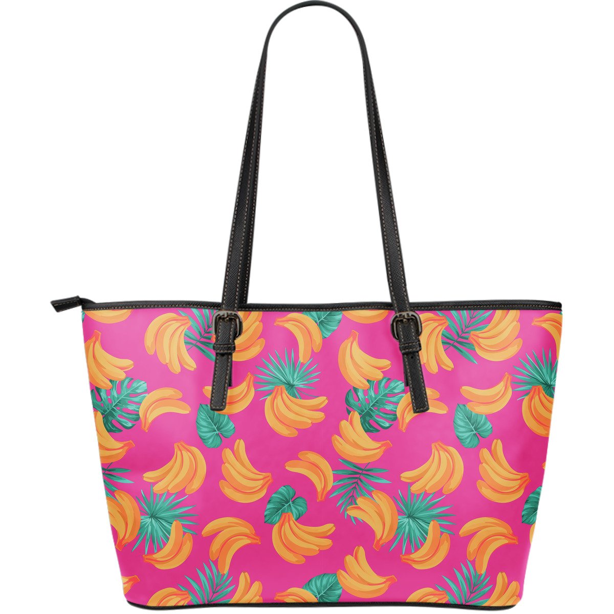 Pink Tropical Banana Pattern Print Leather Tote Bag