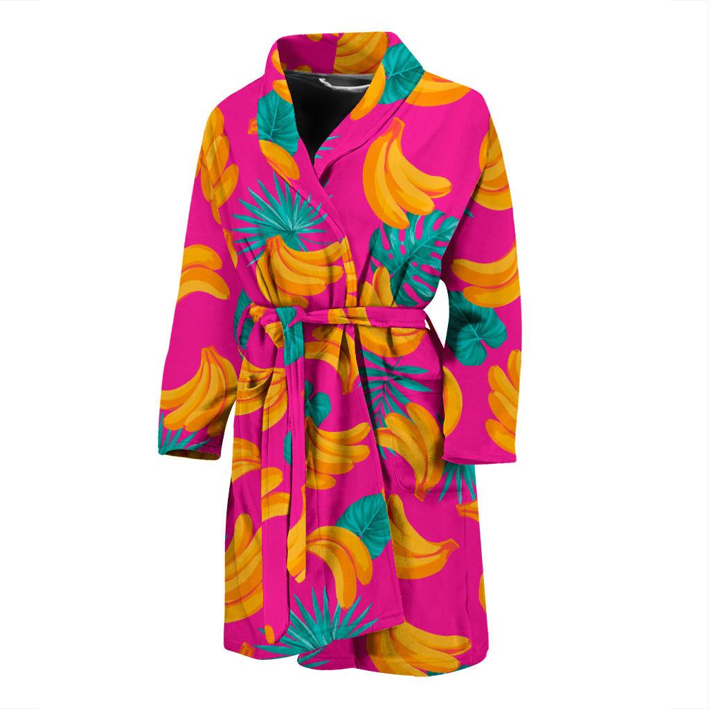 Pink Tropical Banana Pattern Print Men's Bathrobe