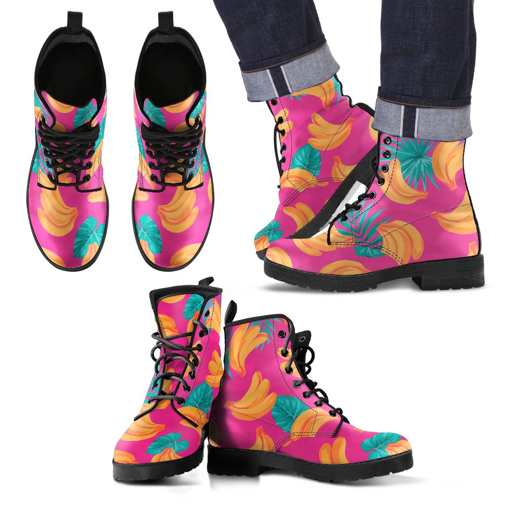 Pink Tropical Banana Pattern Print Men's Boots