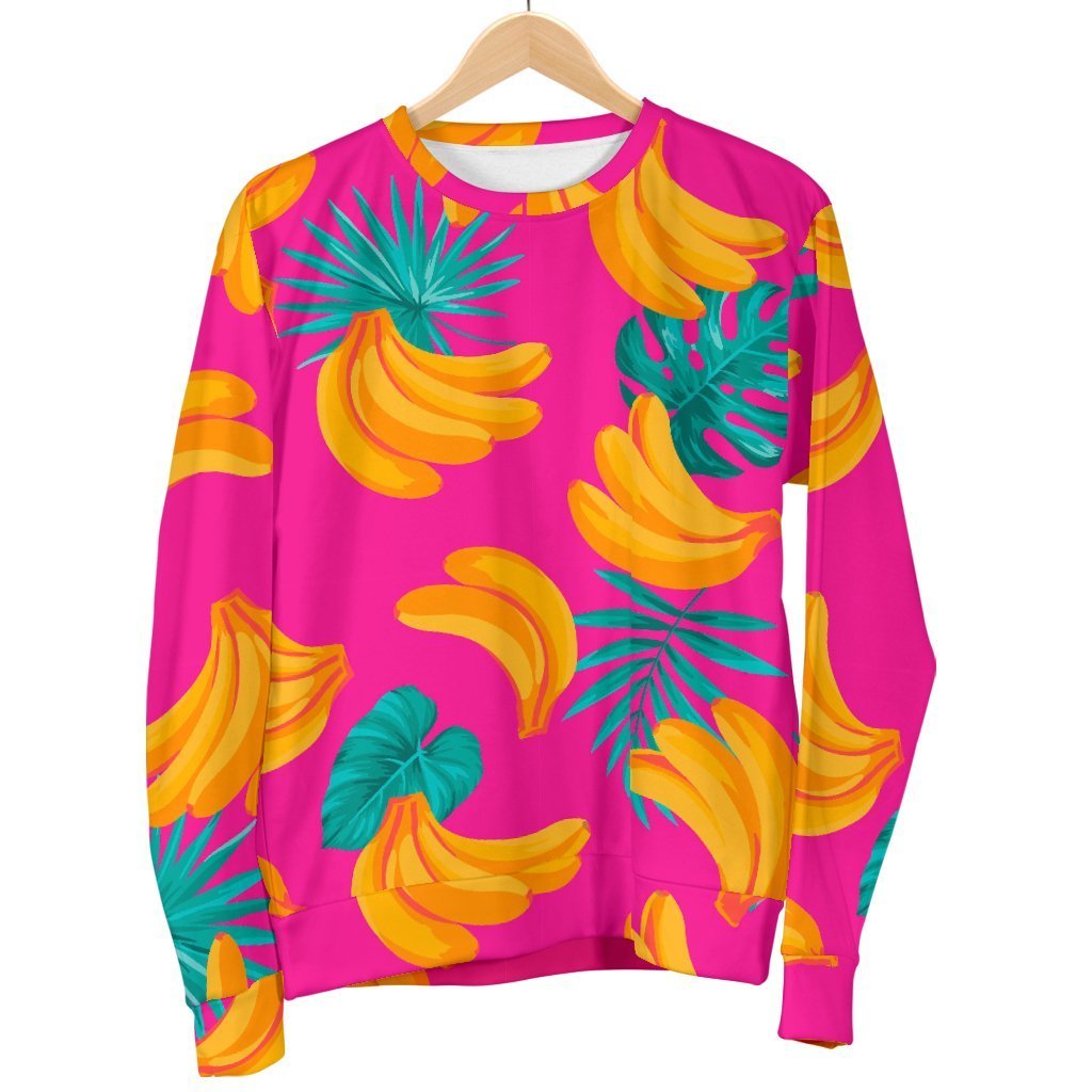 Pink Tropical Banana Pattern Print Men's Crewneck Sweatshirt