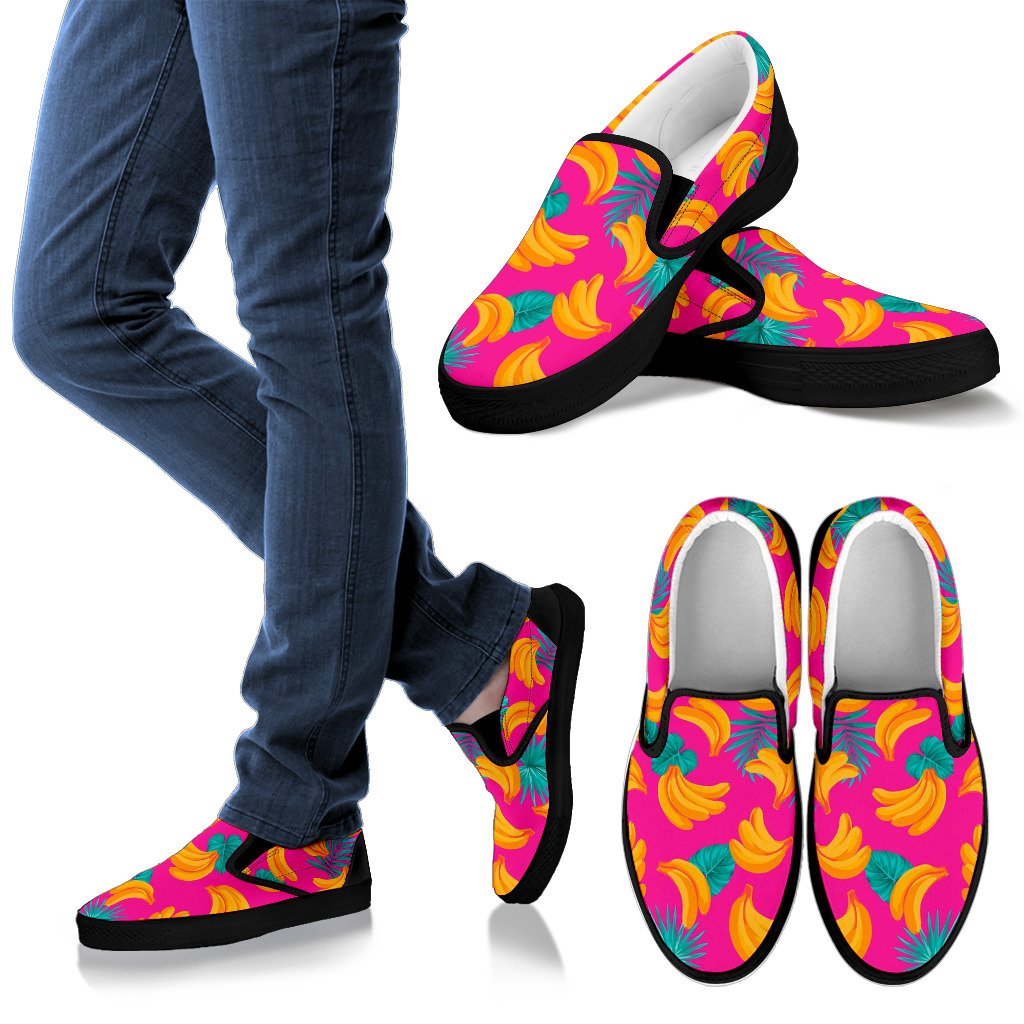 Pink Tropical Banana Pattern Print Men's Slip On Shoes