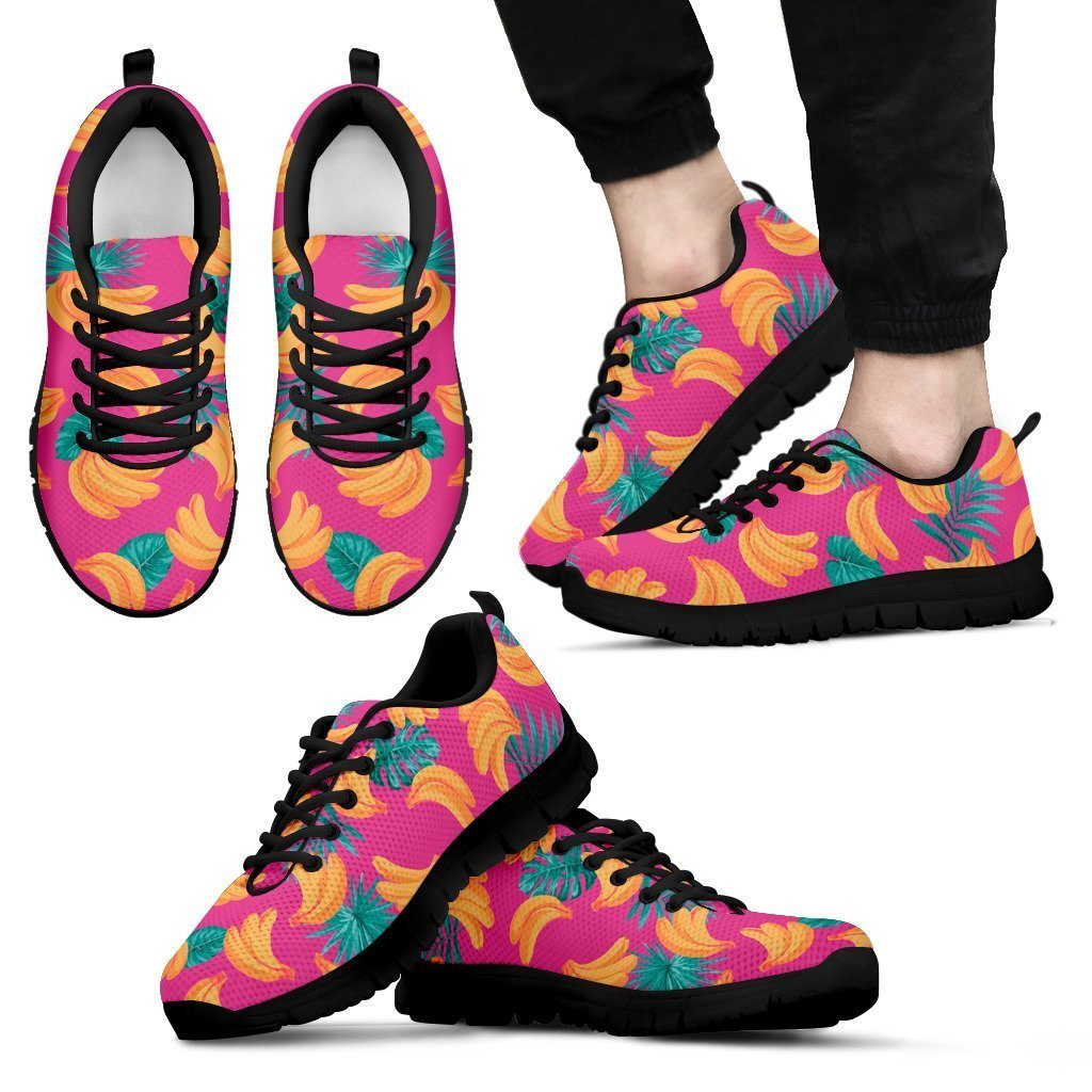 Pink Tropical Banana Pattern Print Men's Sneakers