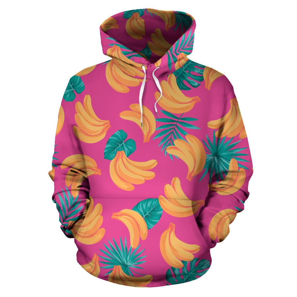 Pink Tropical Banana Pattern Print Pullover Hoodie