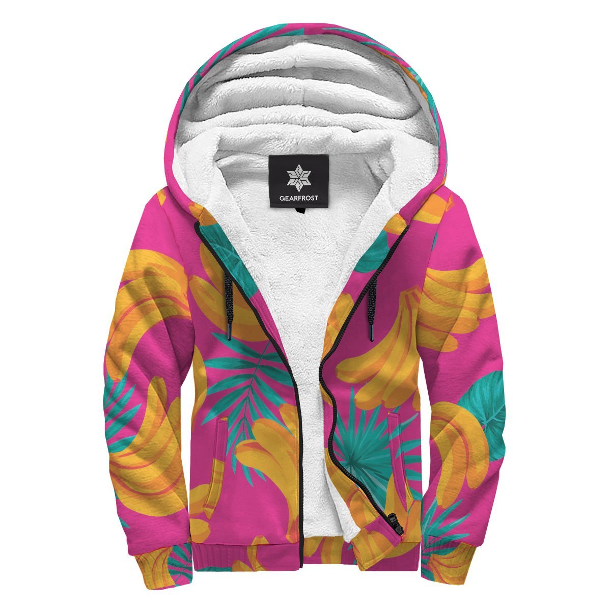 Pink Tropical Banana Pattern Print Sherpa Lined Fleece Hoodie