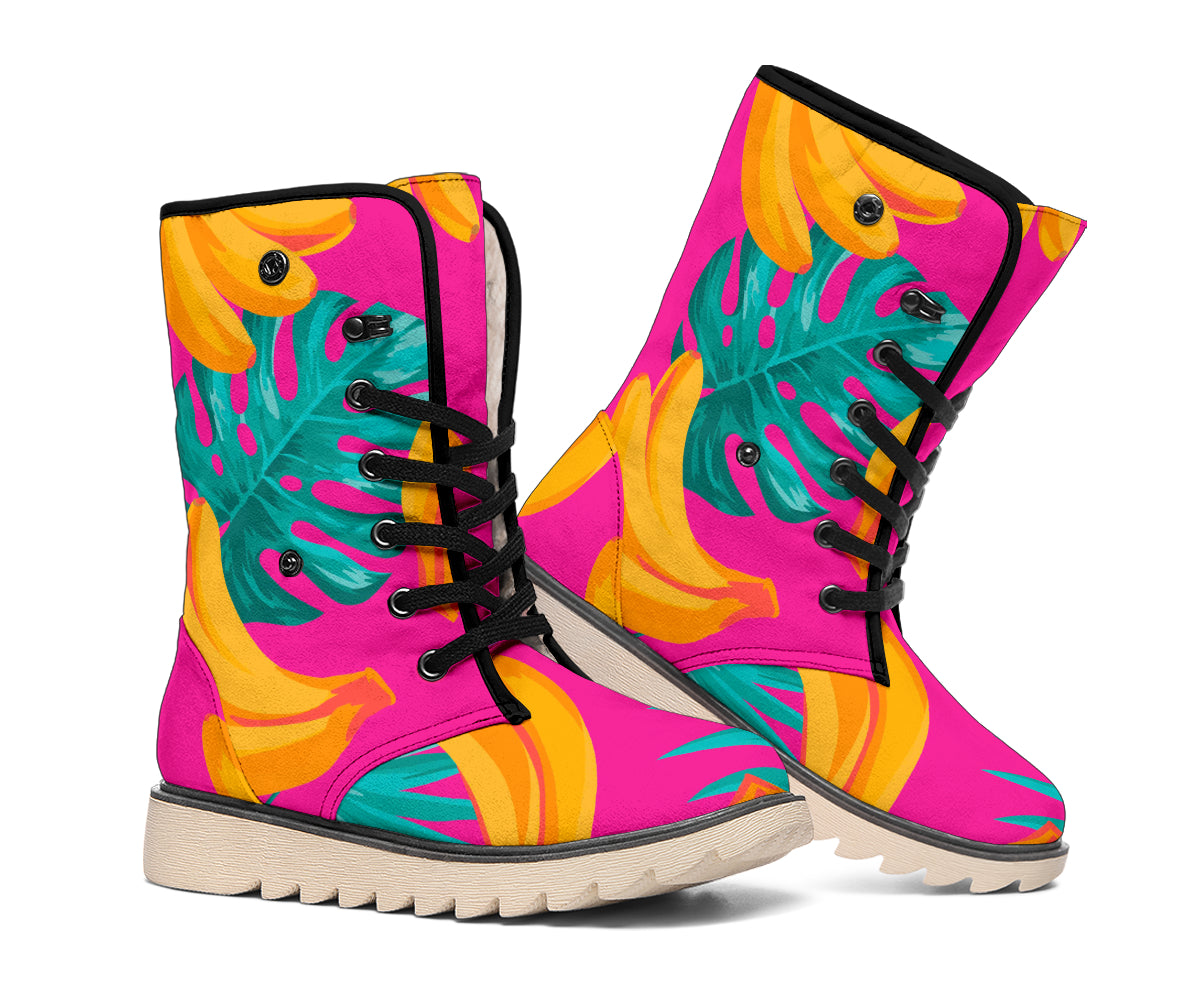 Pink Tropical Banana Pattern Print Winter Boots