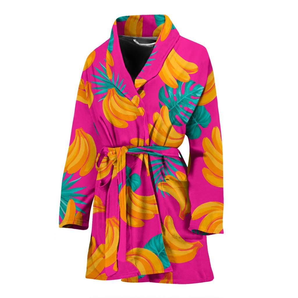 Pink Tropical Banana Pattern Print Women's Bathrobe