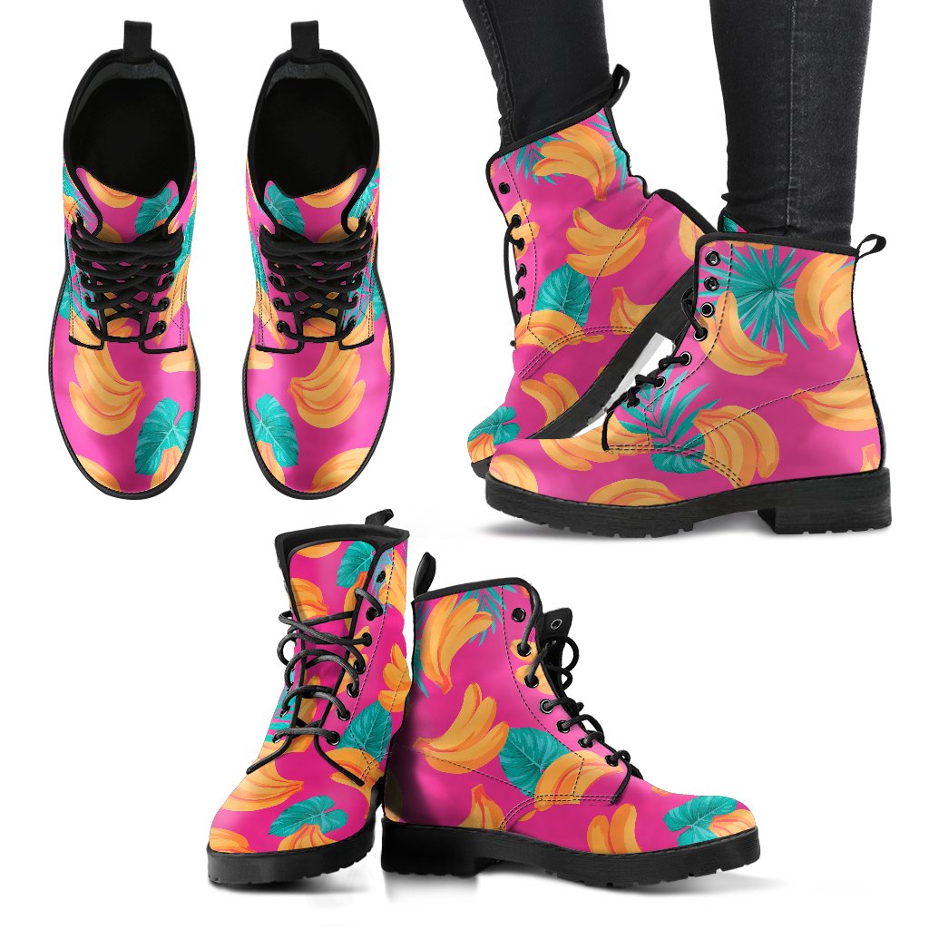 Pink Tropical Banana Pattern Print Women's Boots