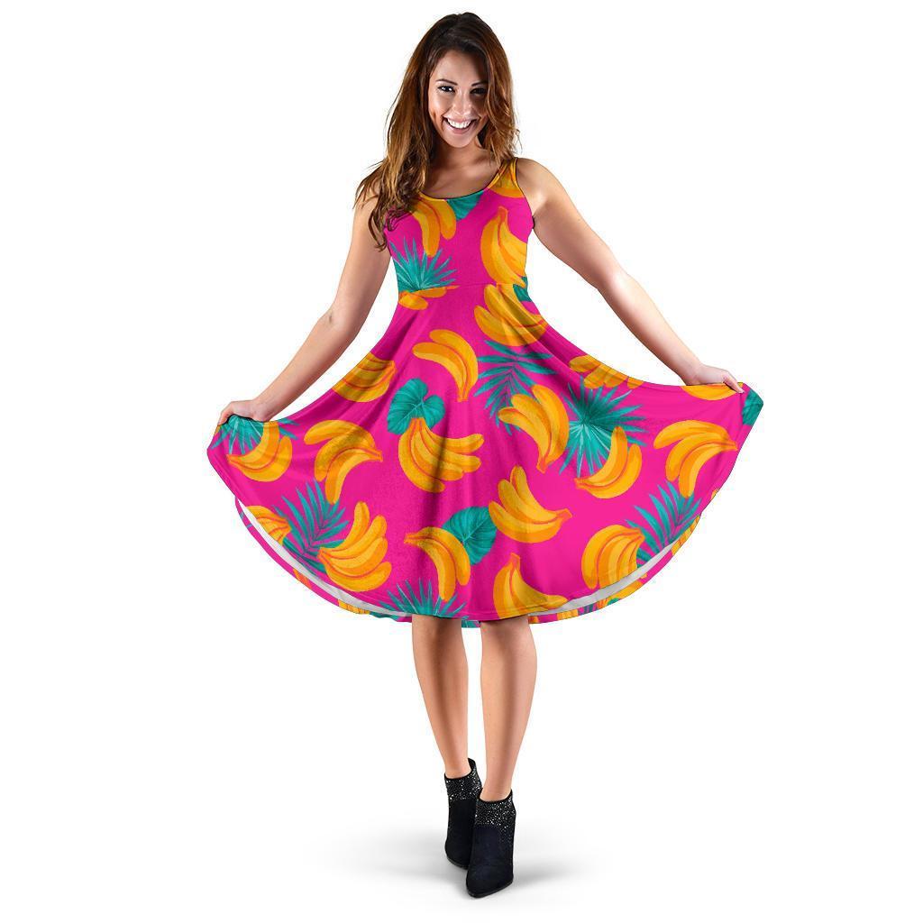 Pink Tropical Banana Pattern Print Women's Dress