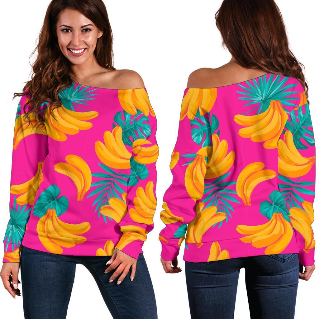 Pink Tropical Banana Pattern Print Women's Off-Shoulder Sweatshirt