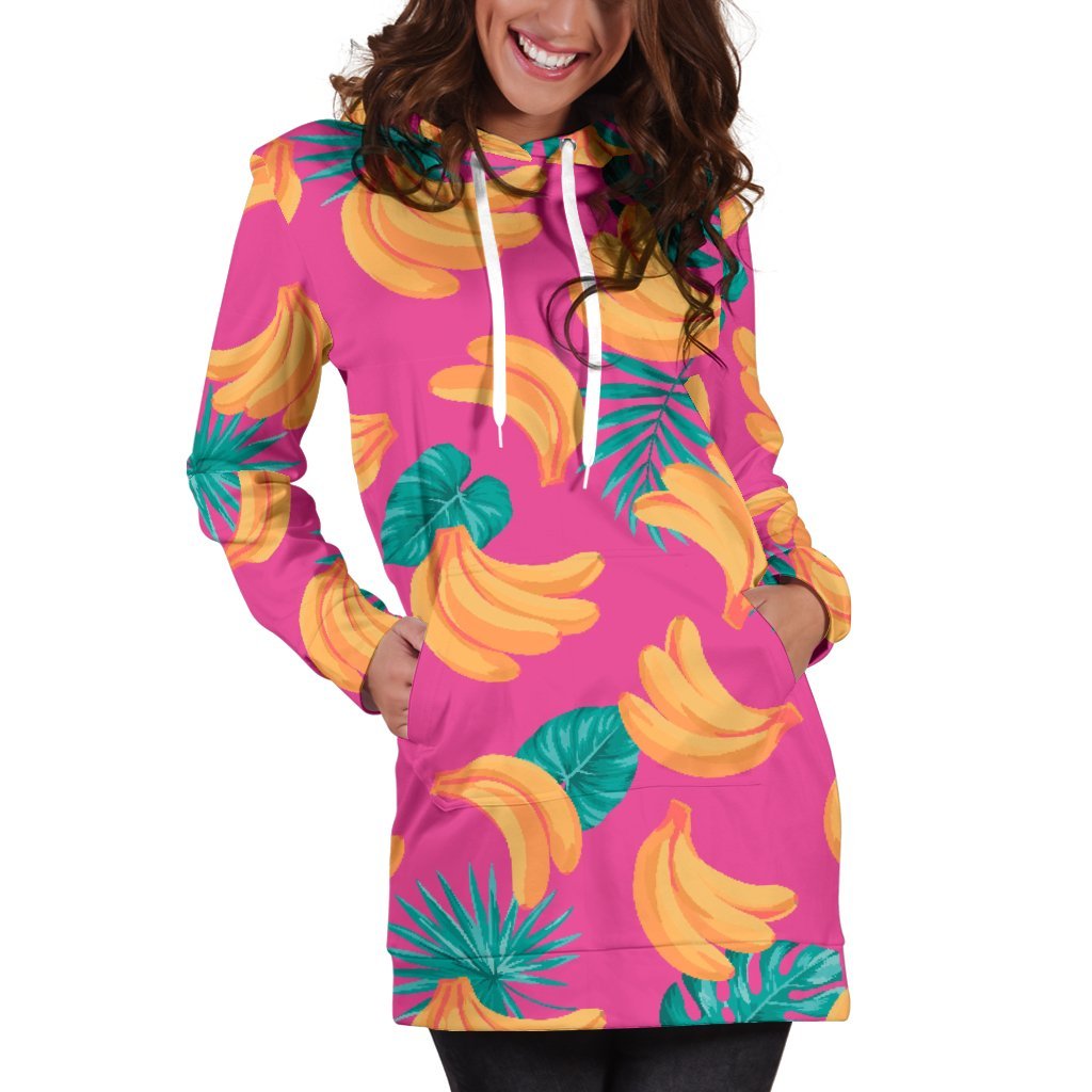 Pink Tropical Banana Pattern Print Women's Pullover Hoodie Dress